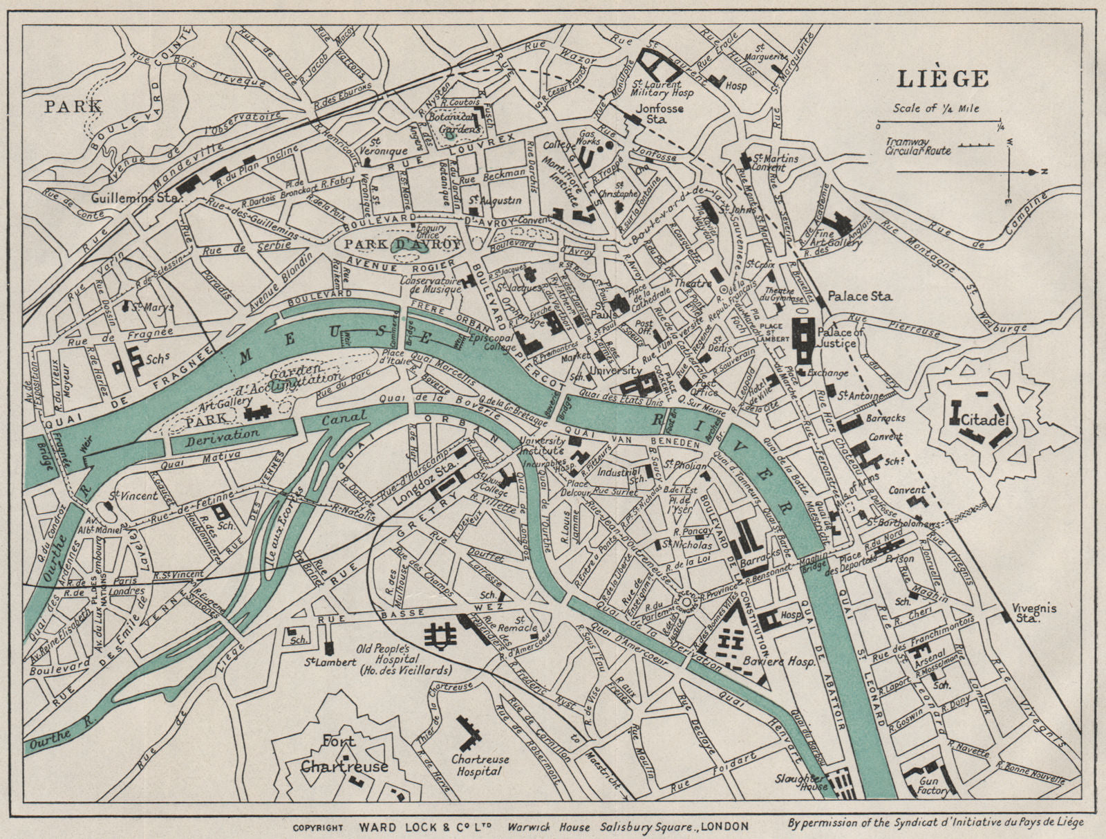 LIÈGE vintage town/city plan. Belgium. WARD LOCK 1926 old vintage map chart